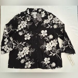 Alfred Dunner 100% Cotton Black Button Up 3/4 Sleeve Textured Petite Large NWT